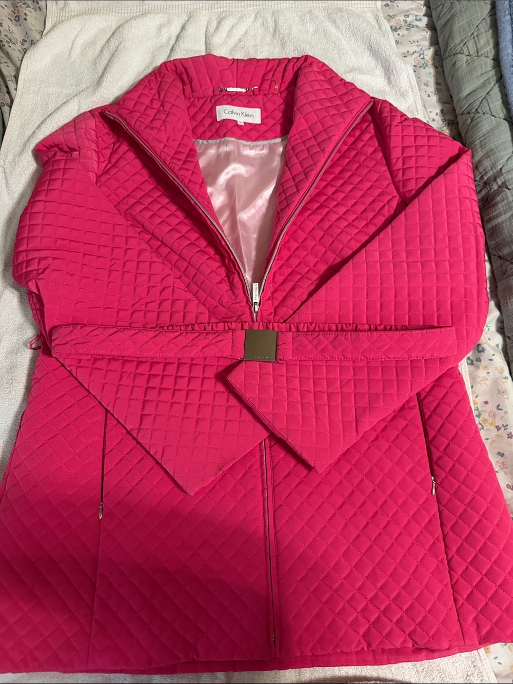 Calvin Klein Quilted Hot Pink Belted Puffer Coat